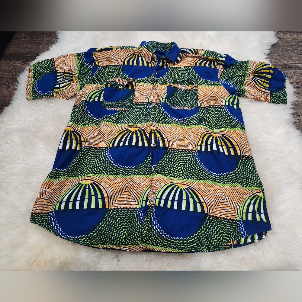 Vintage Geometric Blue and Green Shirt Button Up No Size Tag Like Mens XL